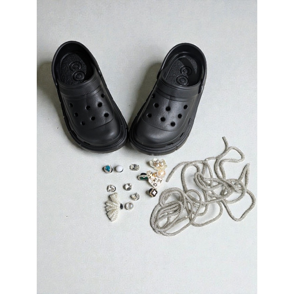 Women Black Platform Clogs US 6-7 36-37 235mm with Charms‎ Rhinestone Chain